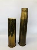 TWO VINTAGE BRASS SHELL CASES HEIGHT 70CM. DIA. 17CM. HEIGHT 53CM.