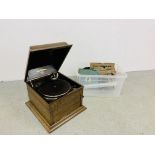 VINTAGE COLUMBIA No 119 OAK CASED GRAMOPHONE AND A COLLECTION OF RECORDS ETC.