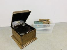 VINTAGE COLUMBIA No 119 OAK CASED GRAMOPHONE AND A COLLECTION OF RECORDS ETC.