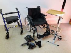 AN INVACARE FOLDING WHEEL CHAIR COMPLETE WITH TWO SETS OF LEG/FOOT RESTS PLUS A DAYS FOUR WHEEL