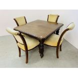 A VICTORIAN WIND OUT DINING TABLE WITH ADDITIONAL LEAF AND 4 VELOUR UPHOLSTERED DINING CHAIRS - W