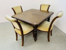 A VICTORIAN WIND OUT DINING TABLE WITH ADDITIONAL LEAF AND 4 VELOUR UPHOLSTERED DINING CHAIRS - W