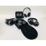 FIVE PAIRS OF BLUETOOTH AND WIRED EAR HEADPHONES TO INCLUDE SENNHEISER HD 4-50, JBL LIVE,