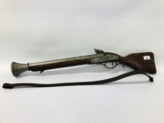 A REPLICA VICTORIAN 1790 BLUNDERBUSS ALONG WITH A REPLICA FLINT LOCK PISTOL.