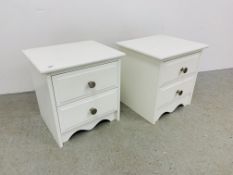 A PAIR OF WHITE PAINTED PINE TWO DRAWER BEDSIDE CHESTS EACH W 47CM, D 40CM, H 47CM.