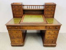 A VICTORIAN MAHOGANY DICKENS STYLE TWIN PEDESTAL DESK WITH RAISED WRITING SLOPE,