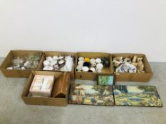 5 X BOXES OF ASSORTED HOUSEHOLD SUNDRIES CHINA AND GLASS WARE, MUGS AND WADE WHIMSIES, PICTURES ETC.