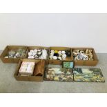 5 X BOXES OF ASSORTED HOUSEHOLD SUNDRIES CHINA AND GLASS WARE, MUGS AND WADE WHIMSIES, PICTURES ETC.