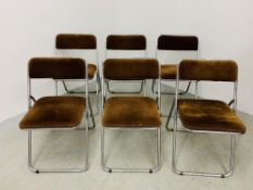 A SET OF SIX RETRO CHROME FRAMED FOLDING CHAIRS WITH BROWN CORDUROY SEATS AND BACK RESTS -