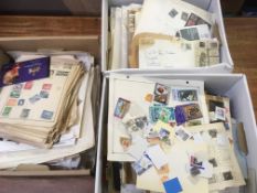 THREE BOXES OF ALL WORLD STAMPS ON LEAVES AND LOOSE.