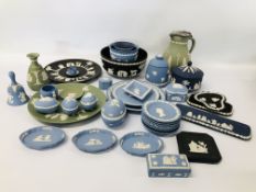 COLLECTION OF WEDGWOOD JASPERWARE TO INCLUDE BLUE, BLACK AND SAGE GREEN , COFFEE POT, ETC.