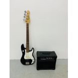 AN ENCORE BASS GUITAR ALONG WITH LANEY AMPLIFIER - SOLD AS SEEN.