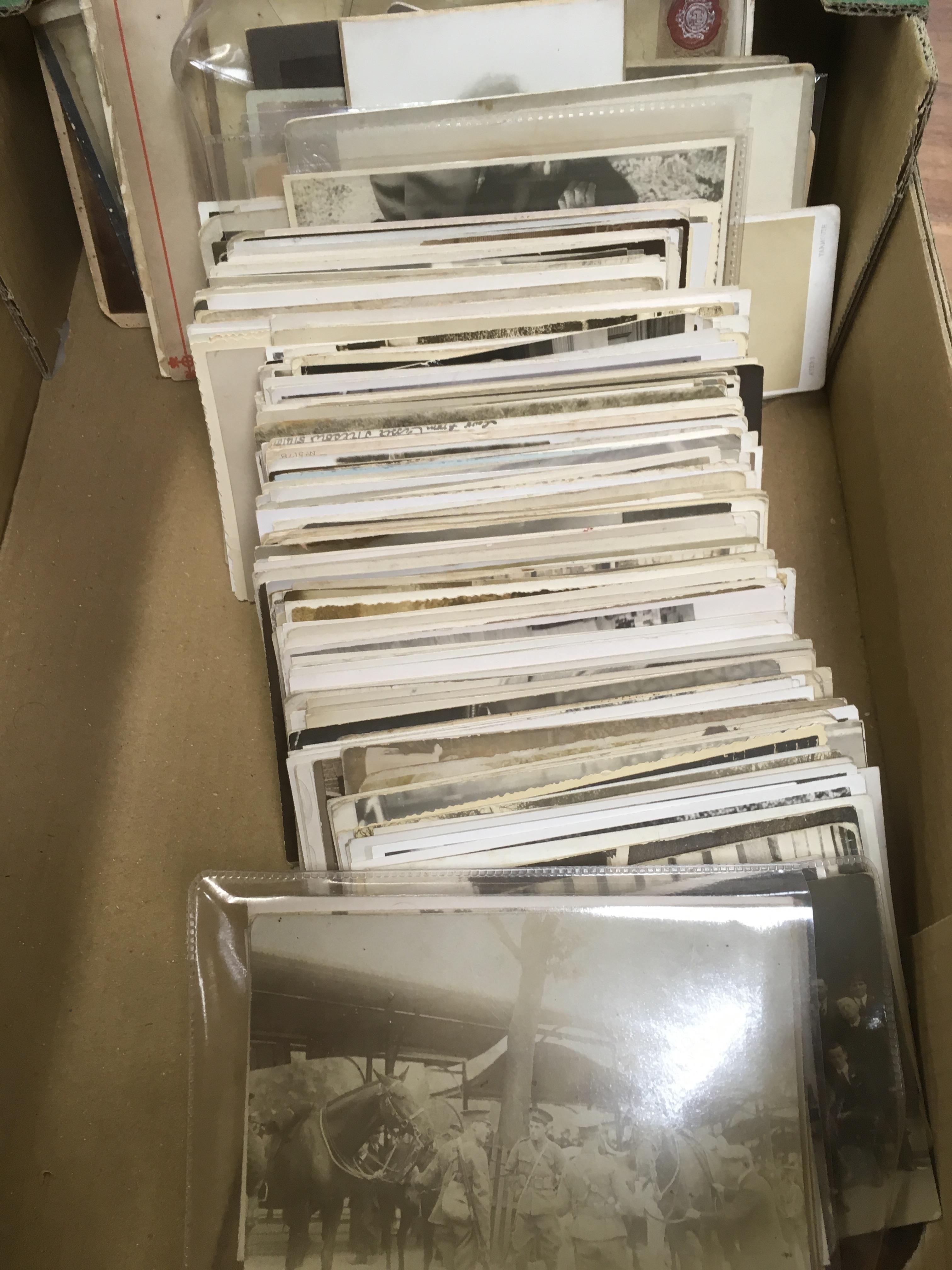 BOX OF POSTCARDS WITH SOCIAL HISTORY PORTRAITS, FEW SHIPS, MILITARY ETC ALSO PHOTOGRAPHS ETC.
