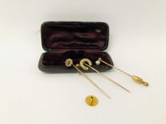 3 YELLOW METAL STICK PINS IN A SHARED CASE (6.