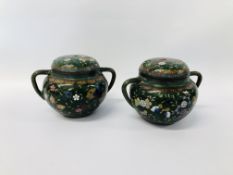 PAIR OF ANTIQUE TWO HANDLED CLOISONNE LIDDED URNS (FINIALS MISSING))