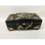 ORIENTAL BLACK LACQUERED JEWELLERY BOX WITH HAND PAINTED DETAIL L 37CM, W 20CM, H 15CM.