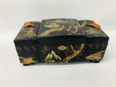 ORIENTAL BLACK LACQUERED JEWELLERY BOX WITH HAND PAINTED DETAIL L 37CM, W 20CM, H 15CM.