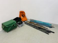 FISHING ACCESSORIES TO INCLUDE SUNRIDGE WHIMBRED ALONG WITH A BOX OF ASSORTED REELS FOR REPAIRS,