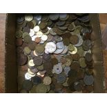 SMALL BOX MIXED COINS, A FEW SILVER, ALSO FEW BANKNOTES.