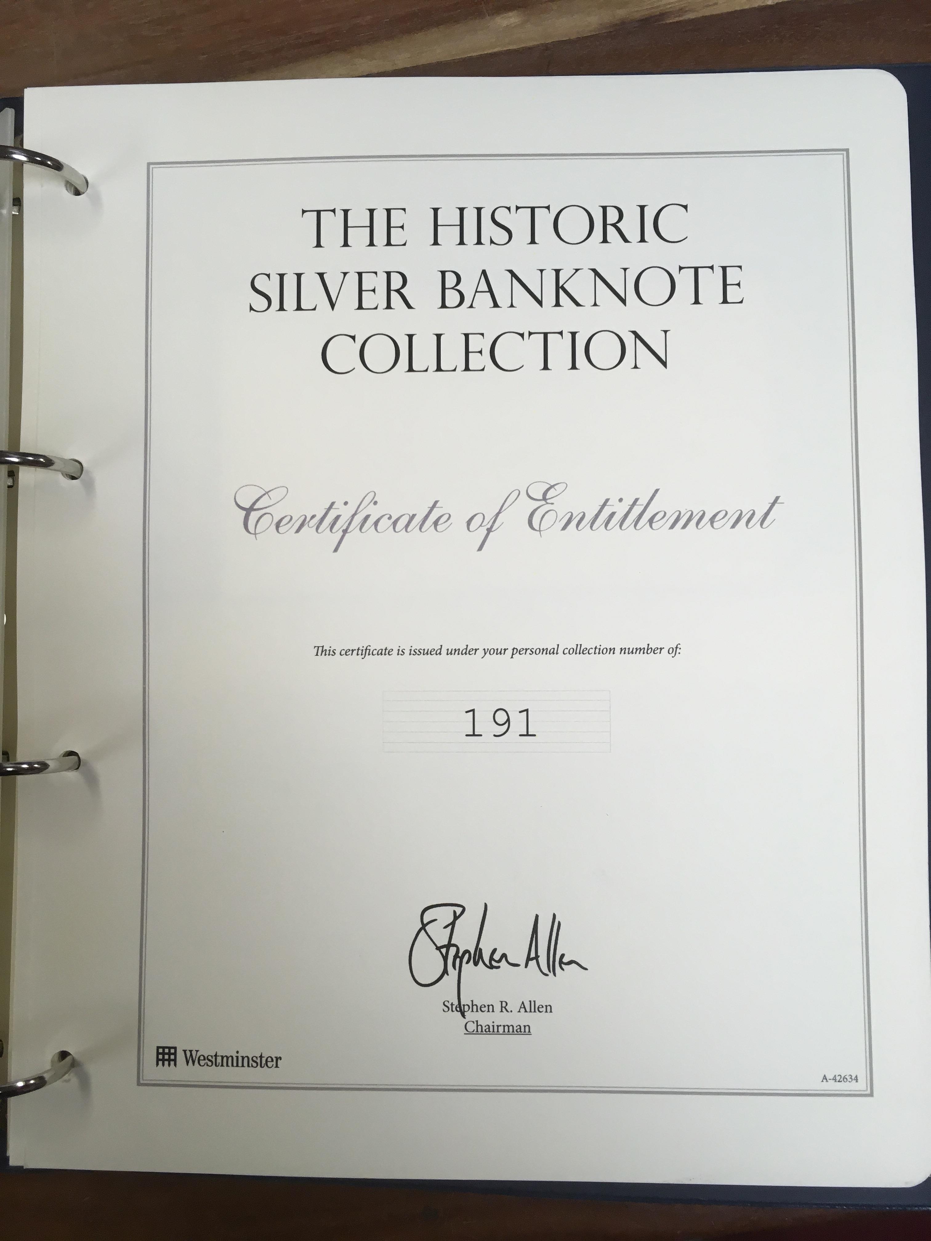 WESTMINSTER "THE HISTORIC SILVER BANKNOTE COLLECTION" IN ALBUM (13 ITEMS).