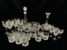 COLLECTION OF ASSORTED CRYSTAL DRINKING GLASSES, 2 DECANTERS AND A CUT GLASS BOWL, ETC.