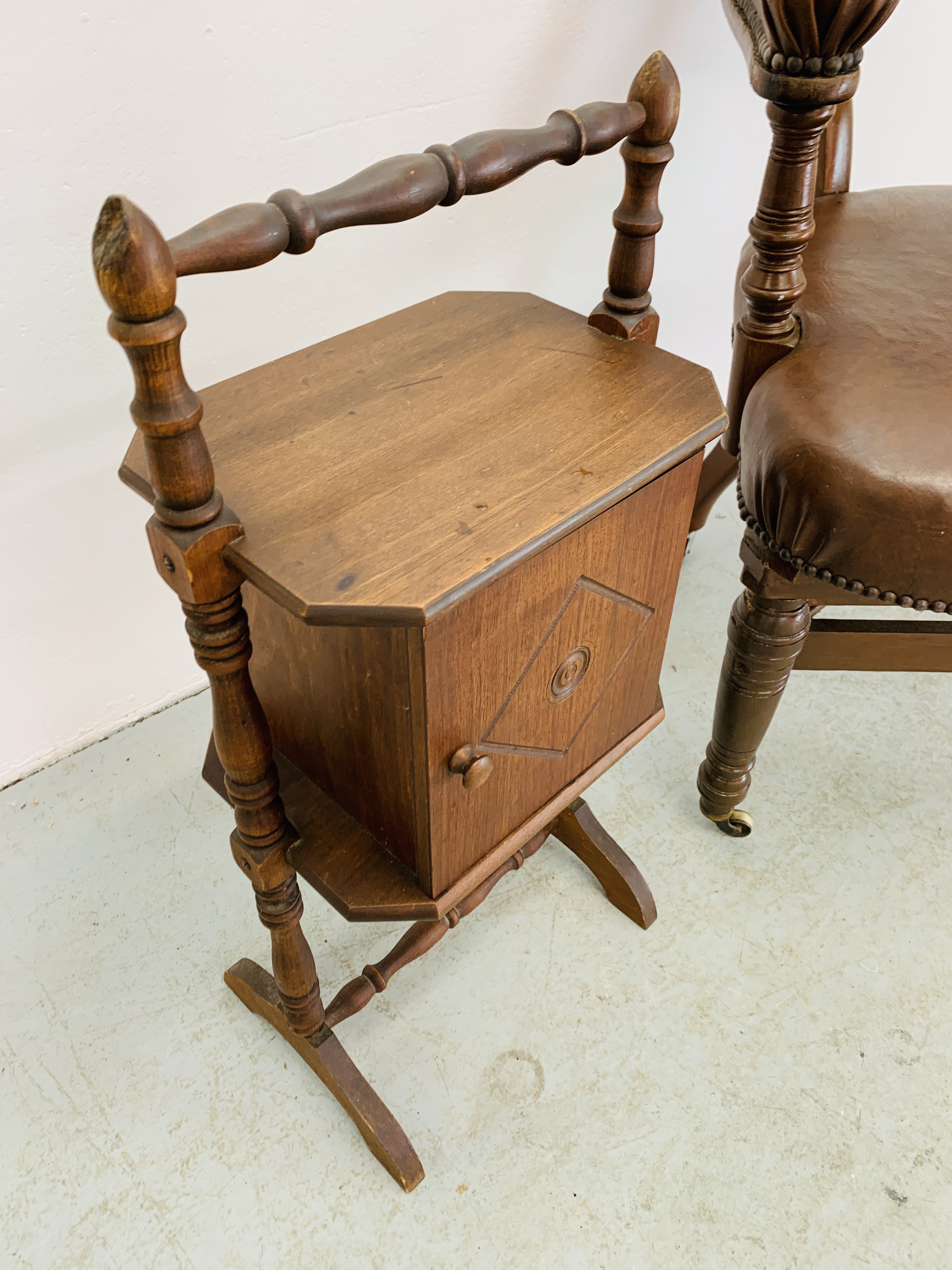 A REPRODUCTION BROWN LEATHER OFFICE CHAIR WITH STUDD DETAIL ALONG WITH A SMALL SINGLE DOOR TURNED - Image 8 of 8