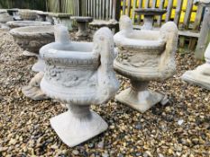 A PAIR OF STONEWORK PEDESTAL PLANTERS WITH TWIN SCROLLED HANDLE DETAIL - HEIGHT 55CM. DIA. 45CM.