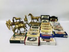 COLLECTION OF BRASS HORSE ORNAMENTS ALONG WITH A QUANTITY OF DIE-CAST MODEL VEHICLES IN ORIGINAL