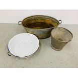 VINTAGE TWO HANDLED TIN BATH AND A BUCKET ALONG WITH A TWO HANDLED ENAMELLED PAN