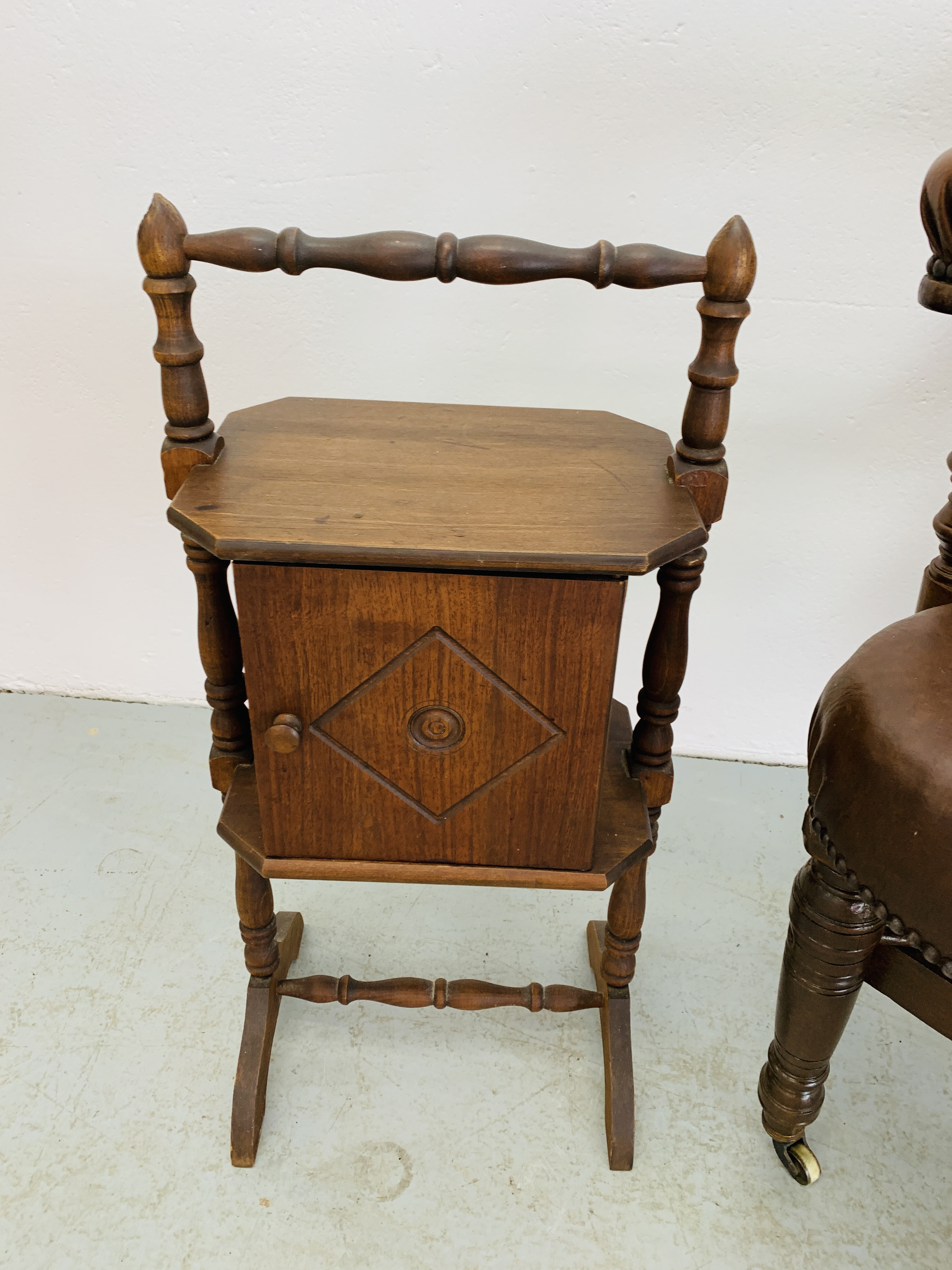 A REPRODUCTION BROWN LEATHER OFFICE CHAIR WITH STUDD DETAIL ALONG WITH A SMALL SINGLE DOOR TURNED - Image 7 of 8