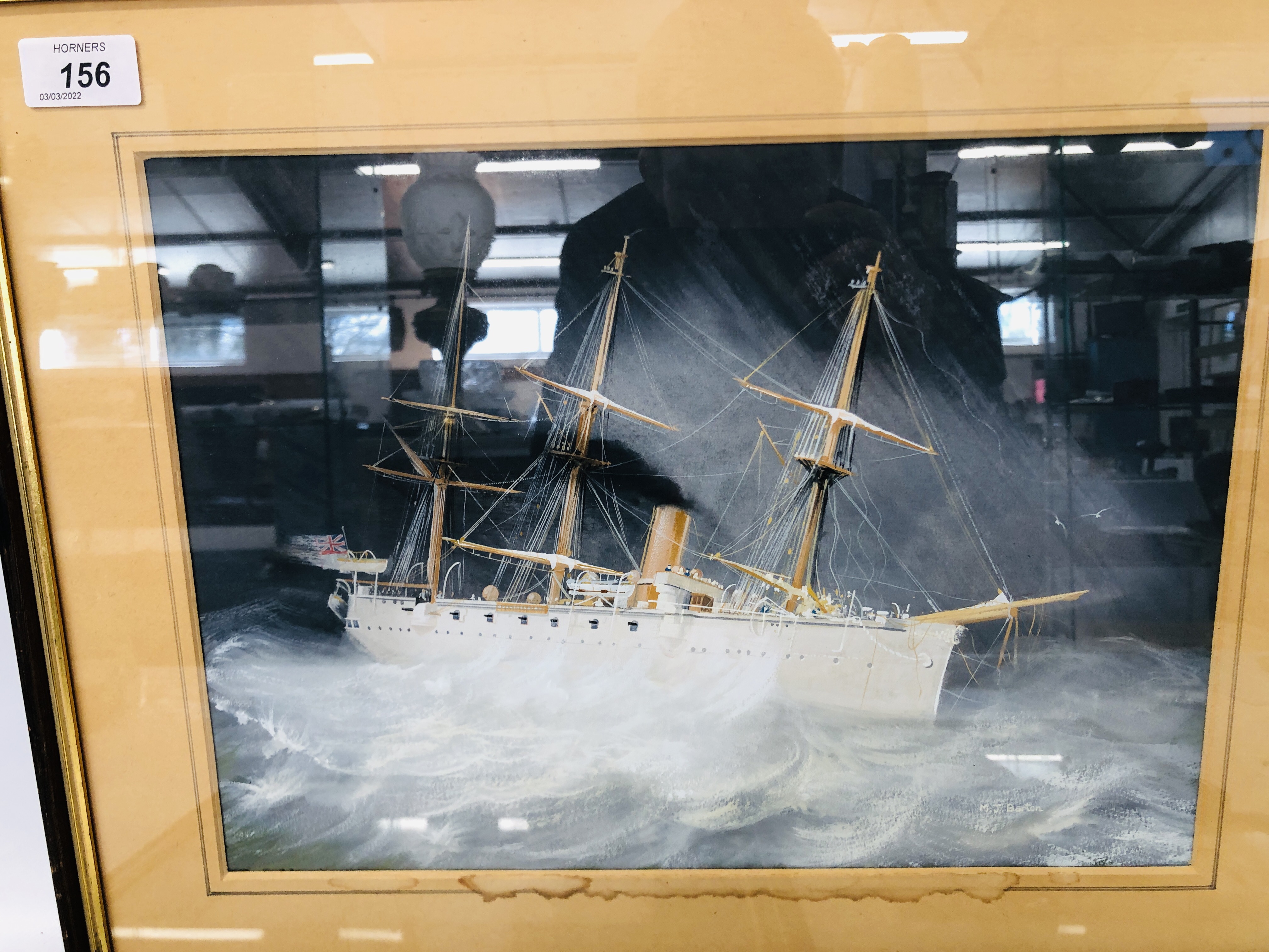 FOUR FRAMED SHIPPING SCENES TO INCLUDE WATERCOLOUR "HMS CALLEOPE" BEARING SIGNATURE M. - Image 7 of 8