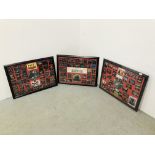 THREE FRAMED AND MOUNTED BEATLES DISPLAYS DISPLAYING COLLECTORS CARDS AND PICTURE RECORDS.