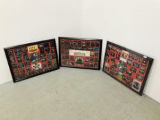 THREE FRAMED AND MOUNTED BEATLES DISPLAYS DISPLAYING COLLECTORS CARDS AND PICTURE RECORDS.