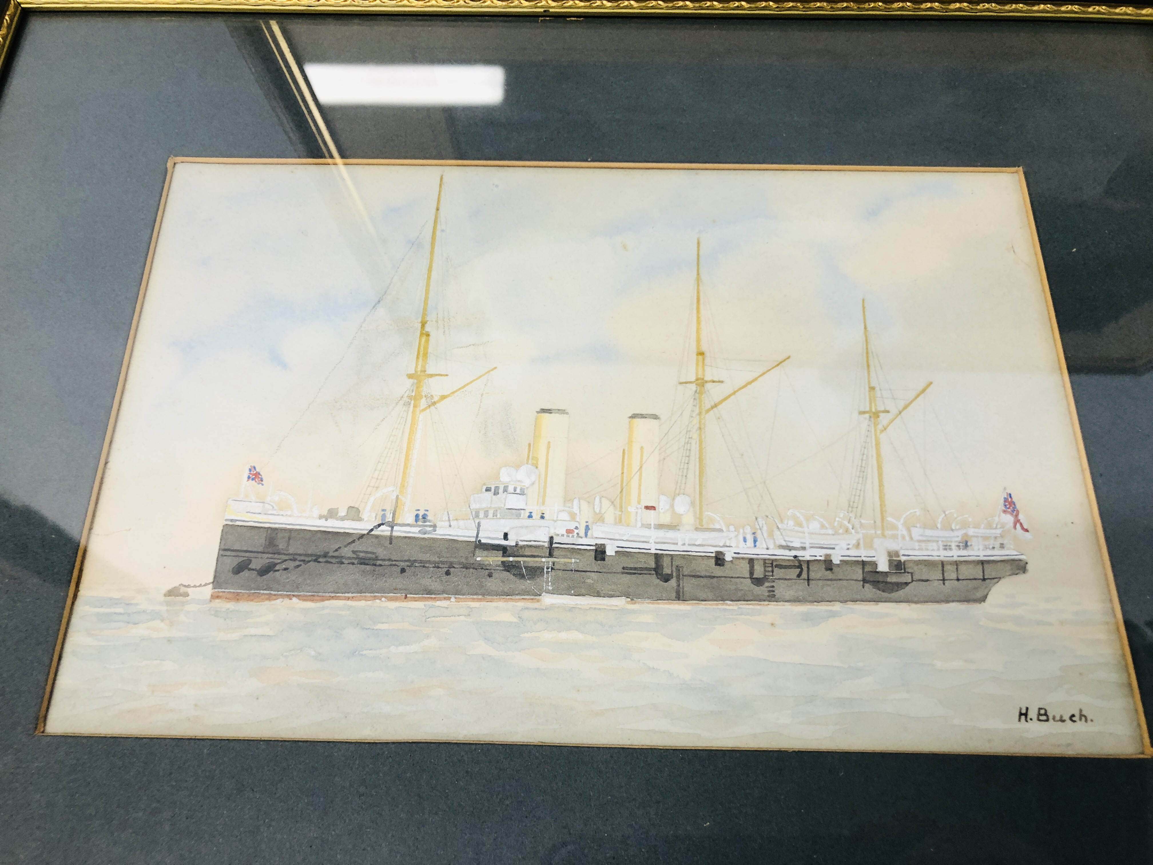 FOUR FRAMED SHIPPING SCENES TO INCLUDE WATERCOLOUR "HMS CALLEOPE" BEARING SIGNATURE M. - Image 6 of 8