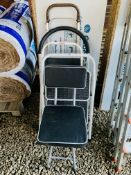 THREE SETS OF TWO TREAD FOLDING HOUSEHOLD STEPS, SACK BARROW AND FOLDING CHAIR.