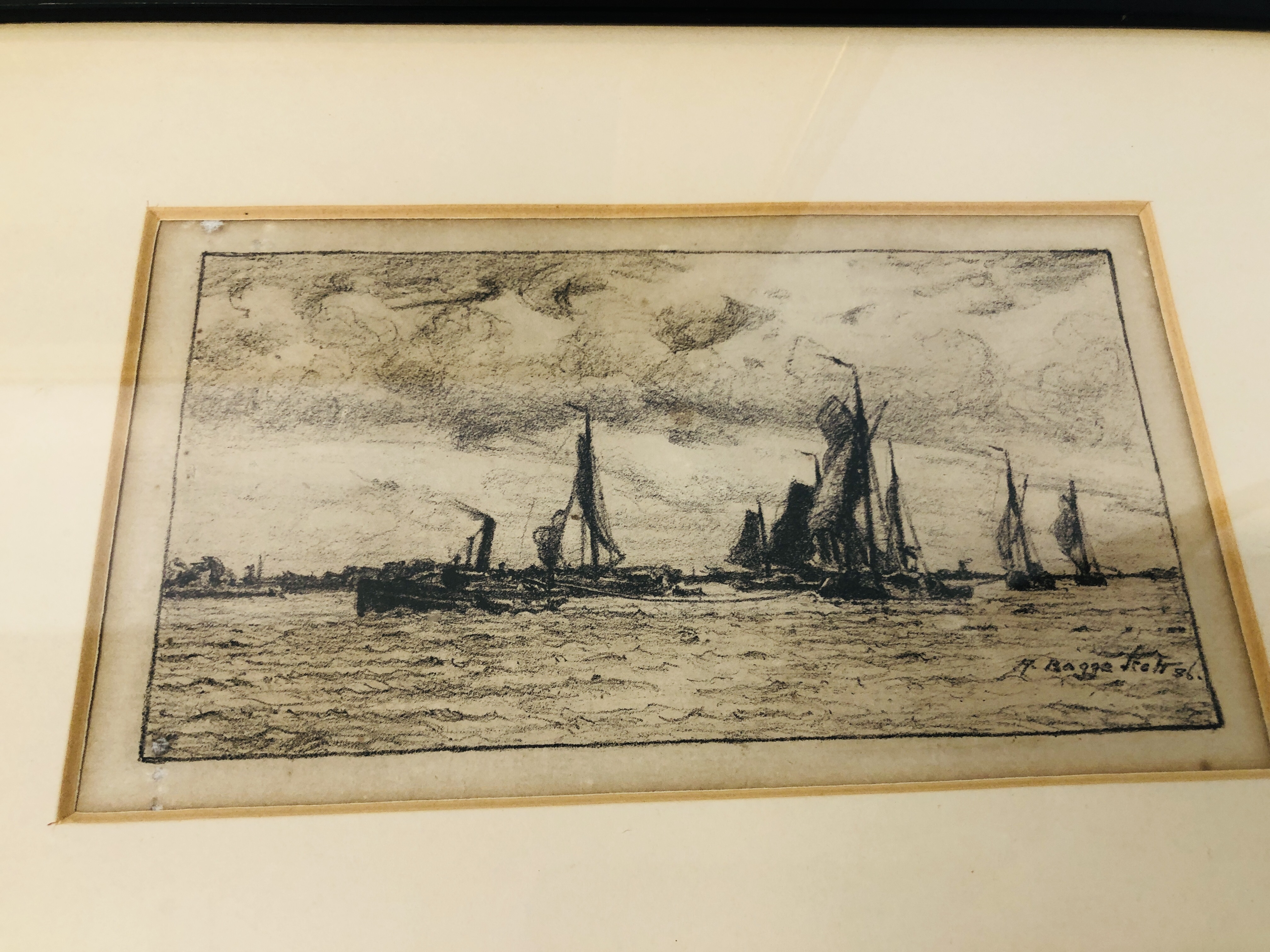 FOUR FRAMED SHIPPING SCENES TO INCLUDE WATERCOLOUR "HMS CALLEOPE" BEARING SIGNATURE M. - Image 5 of 8