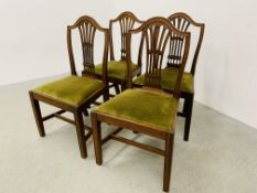 SET OF FOUR GEORGIAN MAHOGANY FRAMED CHAIRS, GREEN VELOUR UPHOLSTERED INSERTS.