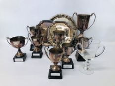 8 BRSCC SILVER PLATED TROPHY CUPS AND ONE GLASS AND TWO TRAYS