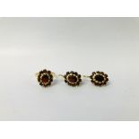 A PAIR OF GARNET SET EARRINGS MARKED 750 AND MATCHING GARNET SET RING (UNMARKED)