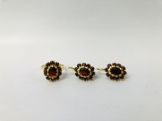 A PAIR OF GARNET SET EARRINGS MARKED 750 AND MATCHING GARNET SET RING (UNMARKED)