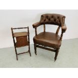 A REPRODUCTION BROWN LEATHER OFFICE CHAIR WITH STUDD DETAIL ALONG WITH A SMALL SINGLE DOOR TURNED