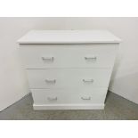 A MODERN WHITE FINISH THREE DRAWER BEDROOM CHEST WITH SILVER FINISH HANDLES 95CM X 46CM X 96CM.