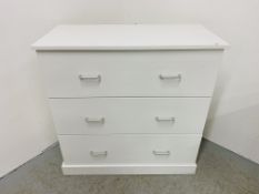 A MODERN WHITE FINISH THREE DRAWER BEDROOM CHEST WITH SILVER FINISH HANDLES 95CM X 46CM X 96CM.