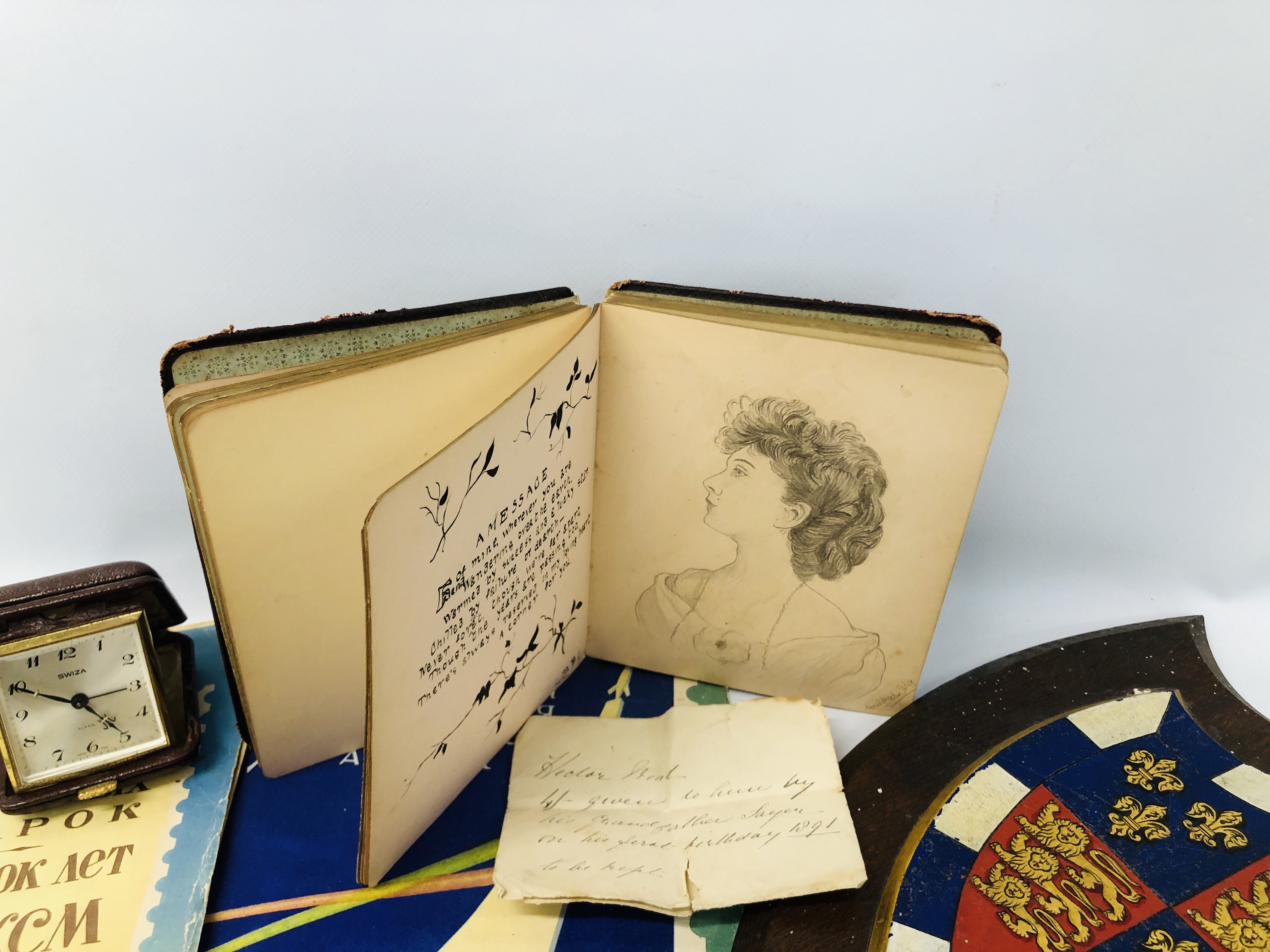 AN ANTIQUE LEATHERED ALBUM CONTAINING HAND WRITTEN VERSE AND SKETCHES C1900, - Image 8 of 13