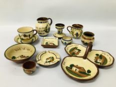 A GROUP OF TORQUAY WARE 11 PIECES TO INCLUDE ENTRE DISH, CANDLESTICK, TWO JUGS, CUP AND SAUCERS,
