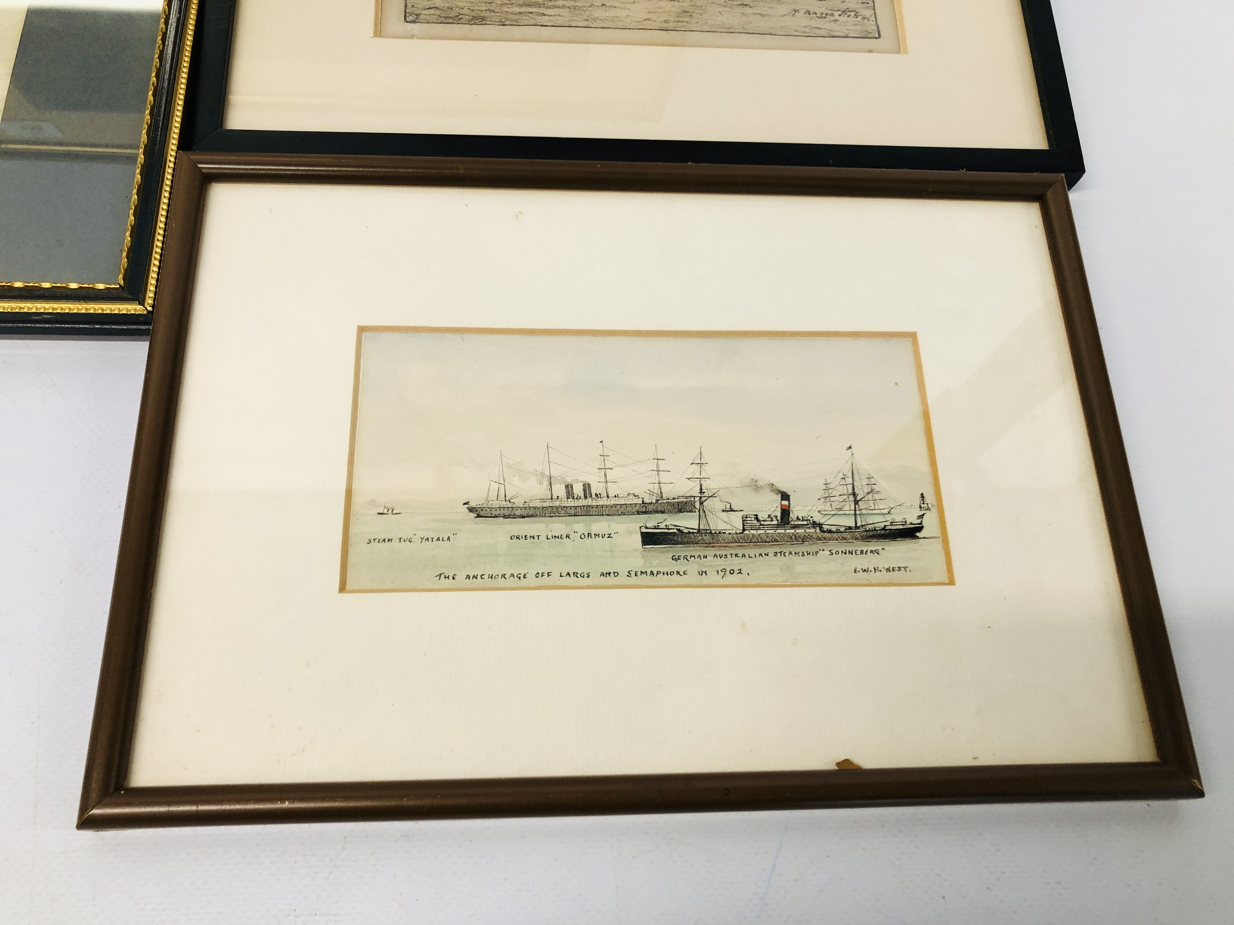 FOUR FRAMED SHIPPING SCENES TO INCLUDE WATERCOLOUR "HMS CALLEOPE" BEARING SIGNATURE M. - Image 2 of 8