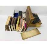 BOX OF ASSORTED BOOKS TO INCLUDE GIBBONS STAMPS OF THE WORLD 1931, VINTAGE LEATHER BOUND BIBLE,