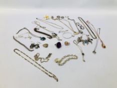 BOX OF ASSORTED SILVER AND WHITE METAL JEWELLERY TO INCLUDE DESIGNER RINGS, NECKLACES, ETC.