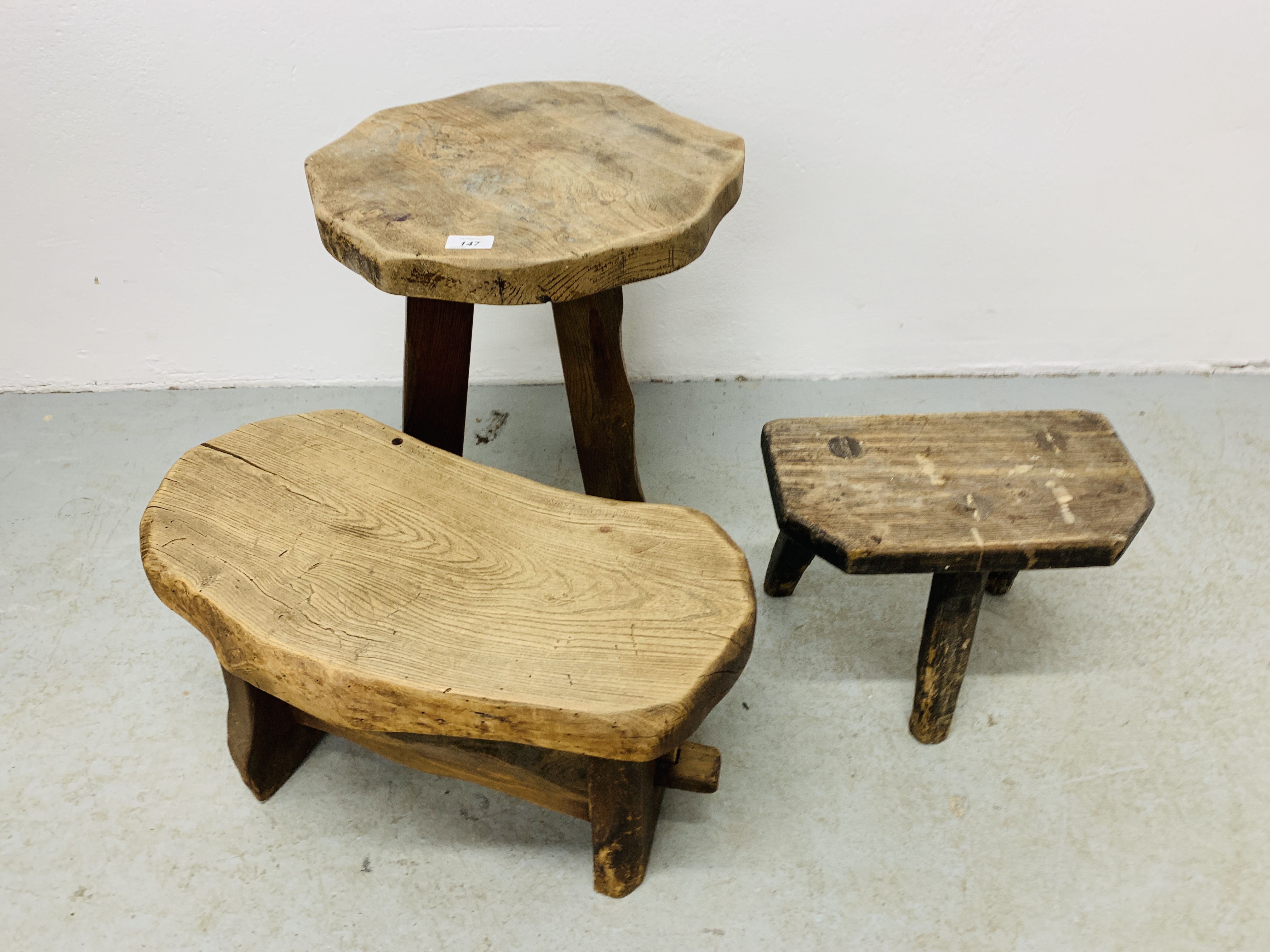 THREE VARIOUS CRAFTS STYLE STOOLS/OCCASIONAL TABLES