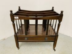 A REPRODUCTION MAHOGANY SINGLE DRAWER CANTERBURY.